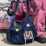 Sohiwoo Y2k Girl Vintage Harajuku Punk Gothic Multi Pocket Denim Designer Large Capacity One Shoulder Handbag Womens Crossbody Tote Bag