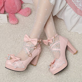 Sohiwoo Cross Strap Women High Heels Mary Jane Pumps Party Wedding Cosplay White Pink Black Strawberry Bow Princess Cosplay Lolita Shoes