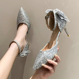 Sohiwoo Luxury Silver Sequin High Heels Wedding Shoes Women Autumn Crystal Bowtie Ankle Straps Bridal Shoes Woman Thin Heeled Pumps