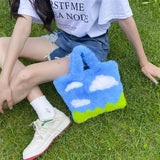 Sohiwoo Blue Sky White Clouds Cute Original Design Kawaii Plush Handbag Crossbody Bag Shoulder Bag Cartoon Fashion Women Bag Purses