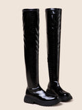 Sohiwoo New Black Elastic Boots Knight Ridding Over The Knee High Boots Patent Leathe Booties Platform Flat Heel Shoes Plus Size 41