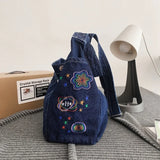 Sohiwoo Denim Big Tote Messenger Blue Multi-pocket Capacity Women Book Embroidery Star Shoulder Y2K Bag Washed Bag Bags Shopper Jean For