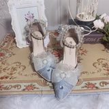 Sohiwoo Pearl Chain Sweet Lace Bowknot Elegant Princess  Pointed Sandals Lolita Shoes Silver Wedding Tea Party Cosplay Lolita Shoes