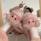 Sohiwoo Autumn and Winter Soft Sole Home Comfortable Warm One Word Plush Slippers New Cartoon Cute Animal Women's Cotton Slippers