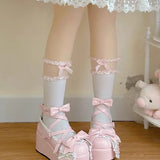 Sohiwoo Sweet Girls Lolita Cute Rabbit Ears Platform Shoes Cute Bowknot Monk Alice Flat Elevator Shoes Mary Janes