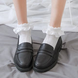 Sohiwoo Women Socks Lolita Style Japanese Kawaii Cute Frilly Ruffle Socks Solid White Black Mesh Lace Girls Sweet Harajuku Short Socks