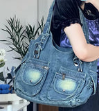 Sohiwoo New Spicy Girl Cowboy Bags Single Shoulder Bag Diagonal Strap Large Capacity Bags Shoe Laces Casual Retro Denim Bag Women's Bag