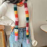 Sohiwoo Women Rainbow Stripe Knitted Scarf Patchwork Clashing Colors Long Soft Scarves Female Winter Premium Feeling Weenie Scarf Shawl