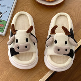 Sohiwoo  New Milk Cow Slippers For Women Kawaii Fluffy Summer Linen Platform Slippers Woman Cartoon House Slippers Funny Shoes