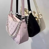 Sohiwoo Pink Womens Shoulder Bag Elegant Cute Bow Pearl Chains Bow Embroidery Handbag Casual Leather Korean Fashion Female Handbag