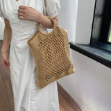 Sohiwoo Summer Woven Beach Bag Hollow Out Tote Bag Hand Knit Shopper Bag Mesh Top Handle Handbag Bohemian Fashion Girls Bag Purse