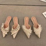 Sohiwoo Slides Rhenstone Summer 2024 Jewels Rubber Shoes Pointed Toe Women's Slippers and Ladies Sandals Mules Low Heel Outside Crystals