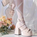 Sohiwoo Fairy Style Fashion Solid Color Round Toe Chunky Heel Mary Jane Shoes Spring Autumn Sweet Cute Lolita Bow Bandage Women's Shoes