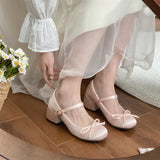 Sohiwoo New Spring Autumn Thick Heel Pink Shoes Elegant Bow Lolita Shoes College Girls High Heels Fashion Women Sandals