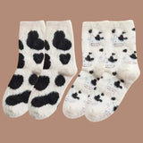 Sohiwoo 2Pairs Lovely Cow Pattern Fuzzy Crew Socks Milk Spotted Plush Thickened Soft Cute Comfortable Mid Tube Socks Warm Autumn Winter