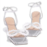 Sohiwoo Summer Women's Sandals with Bow Pearl Flat Heels Elegant Rhinestone Party Ladies Shoes Plus Size 42 Sandalias Mujer