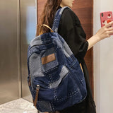 Sohiwoo New Women Denim Vintage College Backpack Lady Leisure Retro Trendy Female Patchwork Book Bag Fashion Girl Cute Travel School Bag