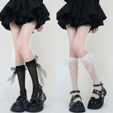 Sohiwoo Lolita Stockings Summer Solid Color Ribbon Bowknot Lace Transparent Thin Sweet Girl White Socks Middle Tube Cute White Stockings