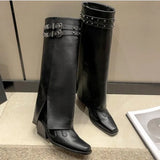 Sohiwoo New Women's Designer Luxury Black Leather Boots Thick Soled High Heel Boots Knee High Boots High Heel Long Boot Wedges Bootas