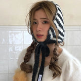 Sohiwoo Retro Striped Scarf For Women Winter Warm Neckerchief  Neck Collar Scarfs Lady Earmuffs Girl Outdoor Coldproof Scarves Headbands