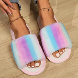 Sohiwoo Rainbow Furry Fluffy Slippers Women Non Slip Flat Heels House Slippers Woman Winter Lightweight Home Floor Shoes Indoor Slides