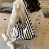 Sohiwoo Canvas Bag for Women 2024 New Shopper Handbags Shoulder Tote Bag Casual Stripe Large Capacity School Bags Girls