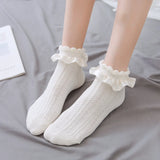 Sohiwoo Women Socks Lolita Style Japanese Kawaii Cute Frilly Ruffle Socks Solid White Black Mesh Lace Girls Sweet Harajuku Short Socks