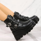 Sohiwoo Fashion Thick Sole Short Boots Belt Buckle Rock Punk Dark Fashion Boots Black Short Barrel Martin Boots