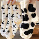 Sohiwoo 2Pairs Lovely Cow Pattern Fuzzy Crew Socks Milk Spotted Plush Thickened Soft Cute Comfortable Mid Tube Socks Warm Autumn Winter