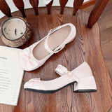 Sohiwoo New Women Pumps Ladies Ballet Mary Jane Riband Chunky Heel Shallow Sandals Female Lolita Round Toe Sweet Bow-knot Cozy Shoes