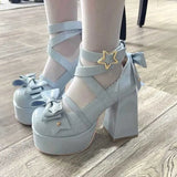 Sohiwoo Lolita Shoes Women Mary Janes High Heels Shoes Chunky Sandals Summer Fashion Retro Bow Party Platform Pumps