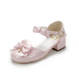 Sohiwoo Japanese Sweet Lolita Cosplay Girl's Shoes Cute Lolita Round Head Bow Pearl Lotus Leaf Buckle Strap 3-5cm Middle Heel PU Shoes