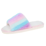 Sohiwoo Rainbow Furry Fluffy Slippers Women Non Slip Flat Heels House Slippers Woman Winter Lightweight Home Floor Shoes Indoor Slides