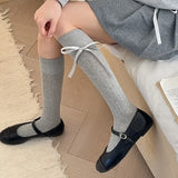 Sohiwoo Lolita Bow Socks Women Ribbon Sweet Bow Bandage Stripe Calf Stockings Girls Cute Elastic Cotton Solid Color Versatile Long Socks