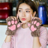 Sohiwoo 1Pair Girl Lovely Bear Plush Cat Paw Claw Gloves Winter Faux Fur Kitten Fingerless Mittens for Women Christmas Halloween Gloves