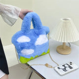 Sohiwoo Blue Sky White Clouds Cute Original Design Kawaii Plush Handbag Crossbody Bag Shoulder Bag Cartoon Fashion Women Bag Purses