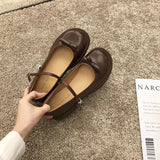 Sohiwoo Brown Cute Mary Jane Ladies Footwear Women's Shoes Kawaii Japanese Style Lolita Gothic Normal Leather Casual Round Toe with Bow