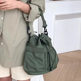 Sohiwoo Nylon Waterproof Shoulder Bag Drawstring Adjustable Women Crossbody Bag Harajuku Bucket Bag Large Capacity Travel Knapsack