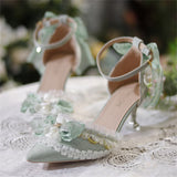 Sohiwoo French Idyllic Style Lolita Girls Shoes Sweet Cute Pointed Sandals Ribbon Bowknot Lace Ruffle Pearls Flower Gems 7cm High Heeled