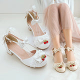 Sohiwoo Lolita Shoes Bow Student Sweet Round Head Thick Heels Large Fairy Sandals Cos Loli Tea Party Girl Shoes