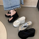 Sohiwoo Summer Chunky Woman Slippers Fashion Platform Wedges High Heel Silvery Ladies Shoes Zapatillas De Mujer