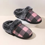 Sohiwoo Plaid Thicken Plush Fur Slippers Women Winter Closed Toe Couple Home Slippers Woman Comfort Soft Sole House Shoes Slides