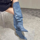 Sohiwoo New Cowboy Knee High Chelsea Boots New Autumn Winter Pointed Toe Women Stilettos Shoes Gladiator Motorcycle Mujer Zapatillas