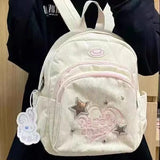 Sohiwoo Sweet Cute Backpack for Women Heart Star Letter White Corduroy Handbag New College Style Fresh Casual Fashion Shoulder Bag