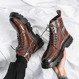 Sohiwoo Leather Fashion Martin Boots Luxury Motorcycle Boots Men Lace-up Ankle Boots High-Top Leisure Boots Winter Thick Bottom Boots Street