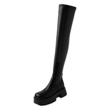 Sohiwoo Autumn Winter Stretch Over The Knee Boots Women Fashion Round Toe Square Platform Thick Heels Long Booties