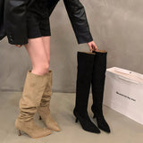 Sohiwoo Sexy High Heel Women Knee High Boots Fashion Pleated Slip On Shoes Autumn Winter Ladies Knight Long Booties