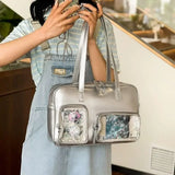 Sohiwoo Silvery Handbags for Women Lolita Fashion Versatile Large Capacity Itabag Casual Pu Leather Underarm Shoulder Bag