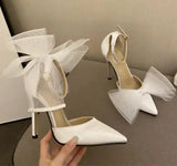 Sohiwoo New Tulle Bow Heels Designer Stiletto High Heels Women Pumps  Pink Satin Wedding Shoes Bride Ladies Party Prom Shoes