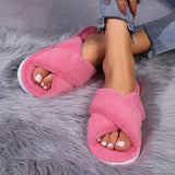 Sohiwoo Fashion Cross Band Fluffy Furry Slippers Women Cozy Open Toe Leopard Print Plush Home Shoes Woman Flat Heel Warm Fur Slides